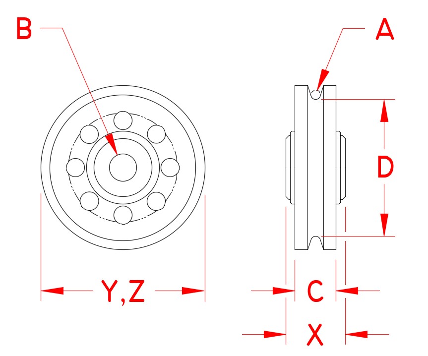Stainless Steel Wire Rope Sheave - Bushing, S0412-0307, S0412-0310, S0412-0510, S0412-0513, S0412-0713, S0412-0716, S0412-0813, S0412-0816, S0412-1013, S0412-1020, Line Drawing